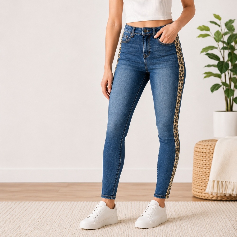 Judy Blue Leopard Side Stripe Skinny Jeans Mid Rise Size 5/27 NWT